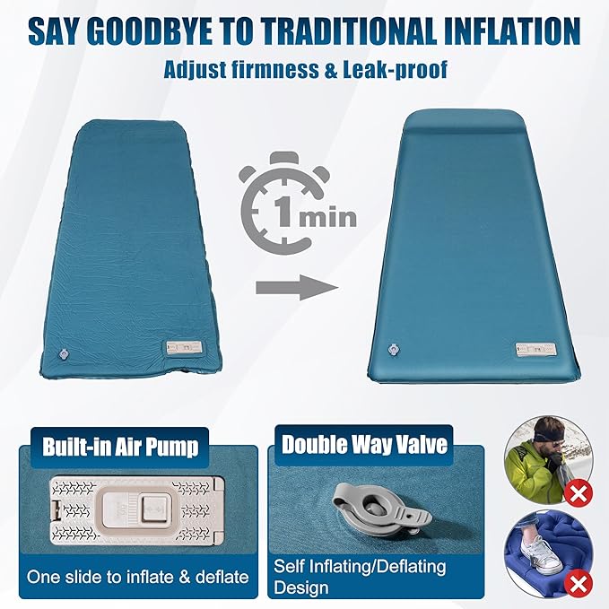 OUTSKIRT Sleeping Pad for Camping with Built-in Pump, Camping Mattress with Memory Foam, Easy to Inflate/Deflate Air Mattress for Camping and Other Outdoor Adventures, Blue