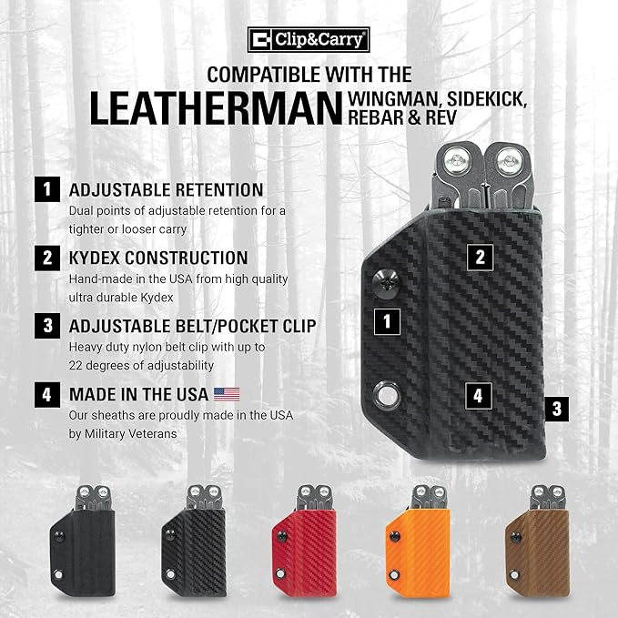 Clip & Carry Kydex Multitool Sheath for Leatherman Wingman/Sidekick/REBAR/REV - Made in USA (Multi-Tool not Included) EDC Multi Tool Sheath Holder Holster Cover