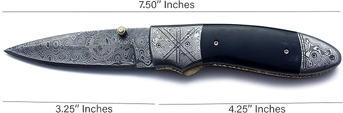 Handmade Damascus Folding Pocket Bowie Knife For EDC,Hunting,Survival,Camping,Fishing Skinning and Bushcraft with Full Tang Micarta Handel and Cowhide-Leather Sheath For Men and Women - DCF21-25