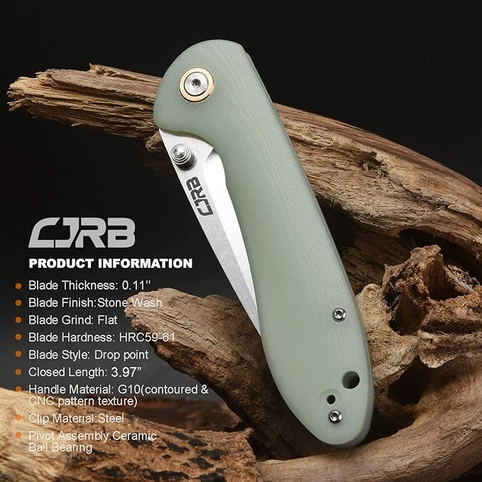 CJRB CUTLERY Folding Knife Feldspar Pocket Folding Knife Stonewash D2 Steel Blade G10 Tactical Handle EDC Knife Green (J1912)