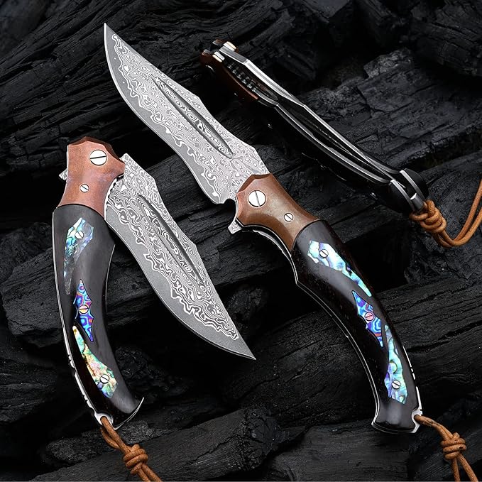handmade japanese vg10 damascus steel folding knife with ebony lined lock handle, 5.5 "with leather sheath, edc pocket knife, men's outdoor camping fishing