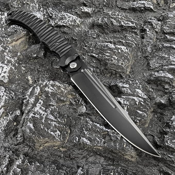 HUAAO 12 INCH Russian Avatar Folding Knife for Men,D2 Blade Black G10 Handles Tactical Survival Gear Saber Knives,Safety Liner Lock,Flipper Assisted Outdoor Camping Tool (Black blade)