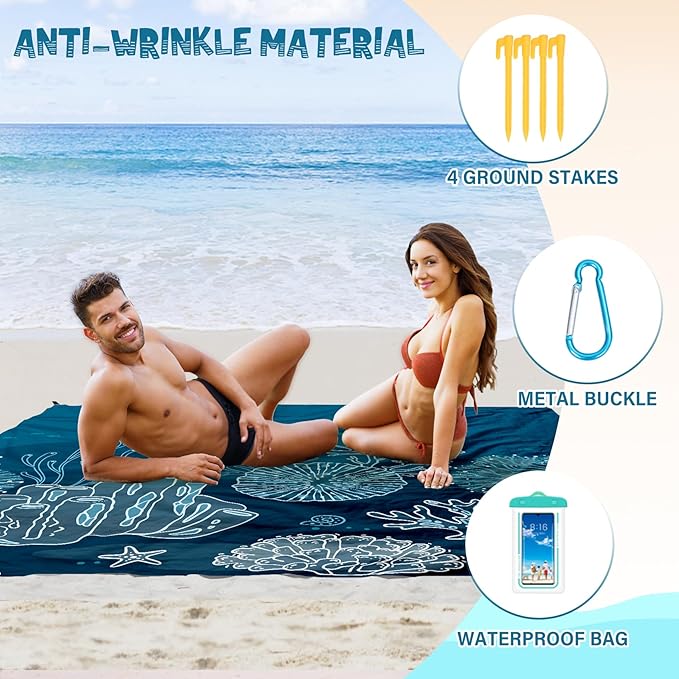 Beach Blanket Waterproof Sandproof 1-7 Adult Oversized 78 '' × 110 '' Lightweight Durable Compact Sand Free Beach Mat for Travel Camping Hiking Picnic Blanket Extra Large