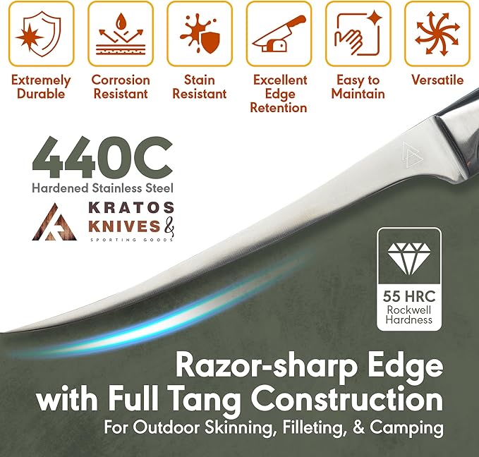 Bushcraft Fillet Knife, 12 Inch Best Fillet Knife for Fish, Boning Knife for Meat Cutting, 440C Stainless Steel Fish Fillet Knife by Kratos - ZF4F