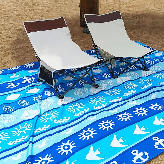 Large Beach Blanket Waterproof Sandproof 79"x 83" for 1-4 Adults,Quick Drying Beach Mat,Lightweight & Durable,Beach Essentials for Family Beach Camping Travel Picnic (Blue Stripe)