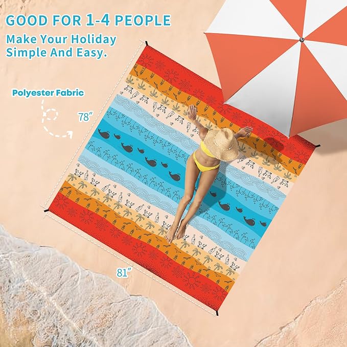 BYDOLL Beach Blanket Sandproof Waterproof 78''×81''1-4 Adults Compact Lightweight Oversized Beach Blanket Large Picnic Mat Beach Blanket for Travel Camping Hiking Picnic