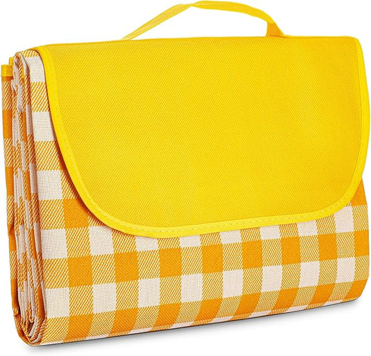 Picnic Blankets Waterproof Foldable Yellow Gingham Beach Outdoor Blanket Tote handbag for Park Travel Camping (40x60 inch)