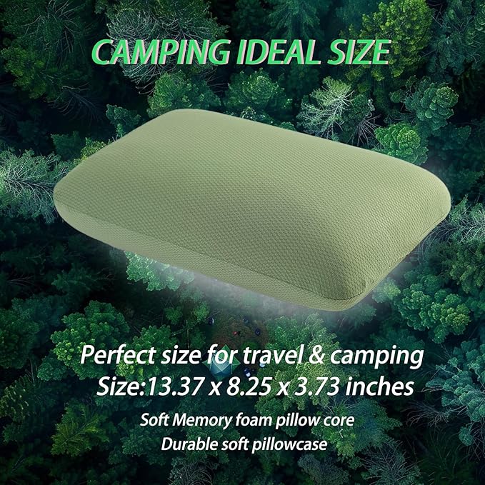Travel Pillow Small Camping Pillow Memory Foam Bed Neck Soft Pillow Lightweight Easy to Carry Portable Cooling Home Pillow Removable Pillow Cover with Travel Storage Bag (Green)