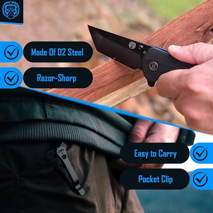 Holtzman's Gorilla Survival 'Patriot' Folding Knife featuring D2 Steel Blade with G10 Handle in Gift Box Set (Black+Blue)