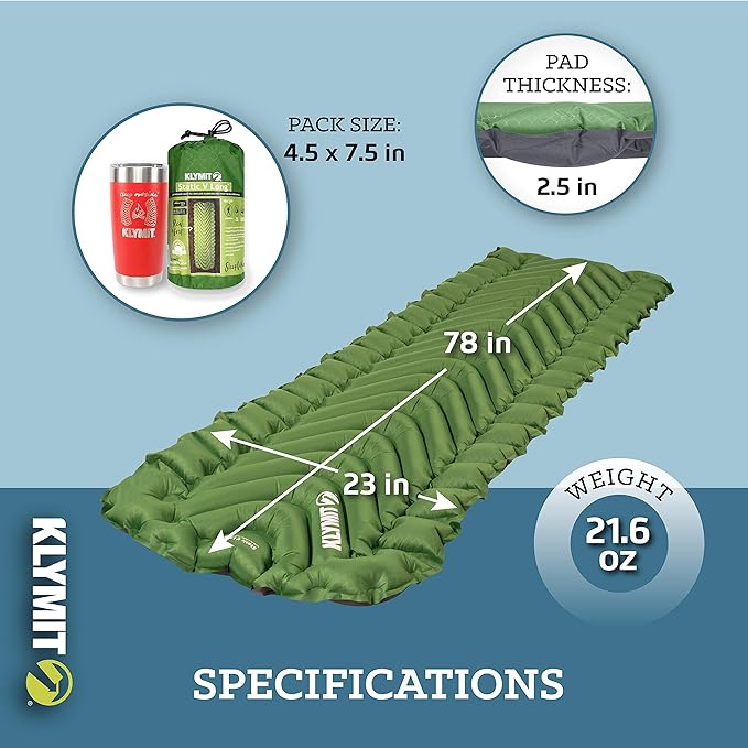 Klymit Static V Long Inflatable Sleeping Pad for Camping, Lightweight Hiking and Backpacking Air Bed For Tall Campers, 2.5 Inch Thick, Green