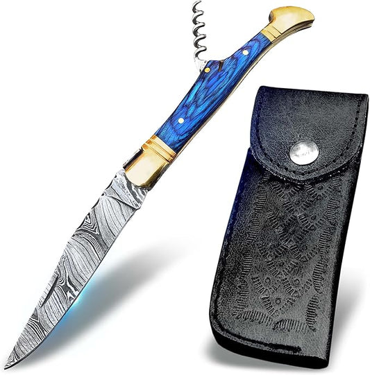 Handmade Damascus Pocket Knife with Sheath, 7" Folding Hunting Knife for Outdoor Camping, Laguiole Pocket Knife, Cork Screw for Wine or Bottle Opener