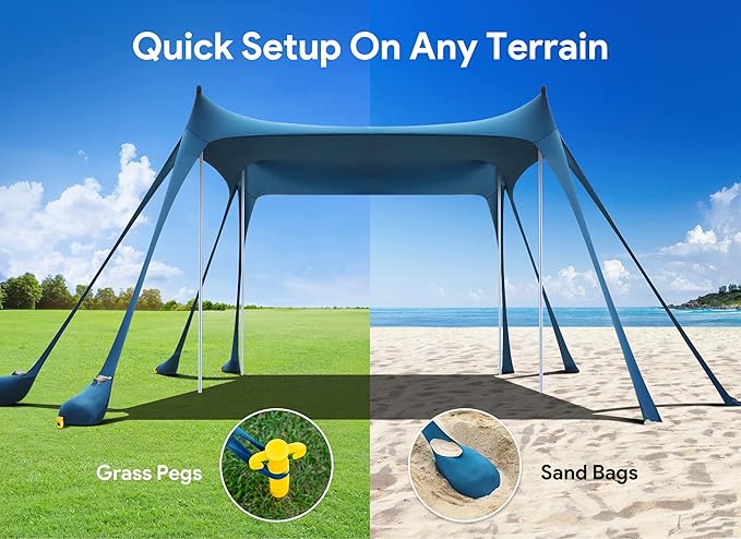 Osoeri Beach Tent, Camping Sun Shelter UPF50+ with 8 Sandbags, Sand Shovels, Ground Pegs & Stability Poles, Outdoor Shade Beach Canopy for Camping Trips, Fishing, Backyard Fun or Picnics