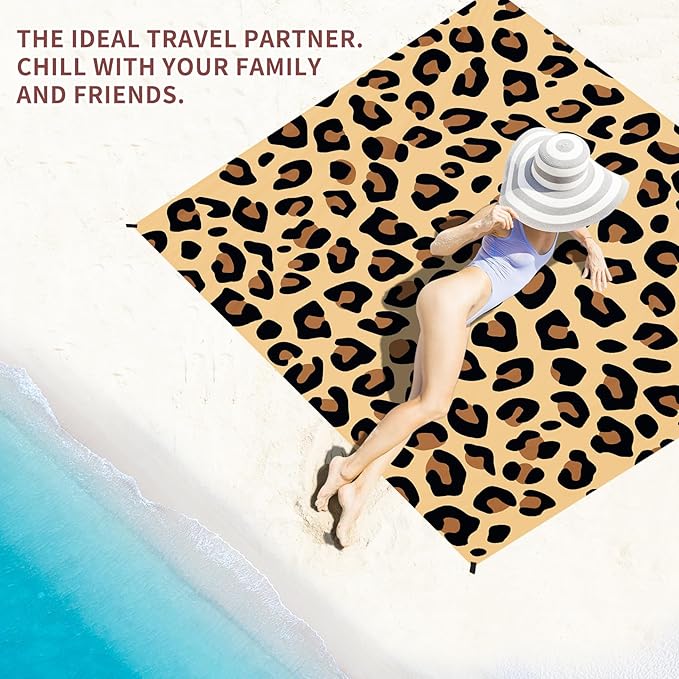 BYDOLL Beach Blanket 78''×81'' 1-4 Adults Leopard Waterproof Sandproof Oversized Lightweight Beach Blanket Large Picnic Mat Beach Blanket for Beach Travel Camping Hiking Picnic