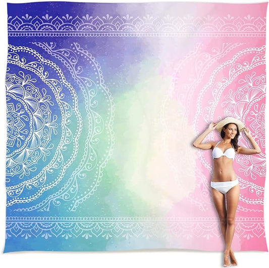 Sunlit 10'x9' Extra Large Boho Sand Proof Beach Blanket, Sand Proof Mat with Corner Pockets and Mesh Bag for Beach Party, Travel, Camping and Outdoor Music Festival, Blue and Pink Mandala