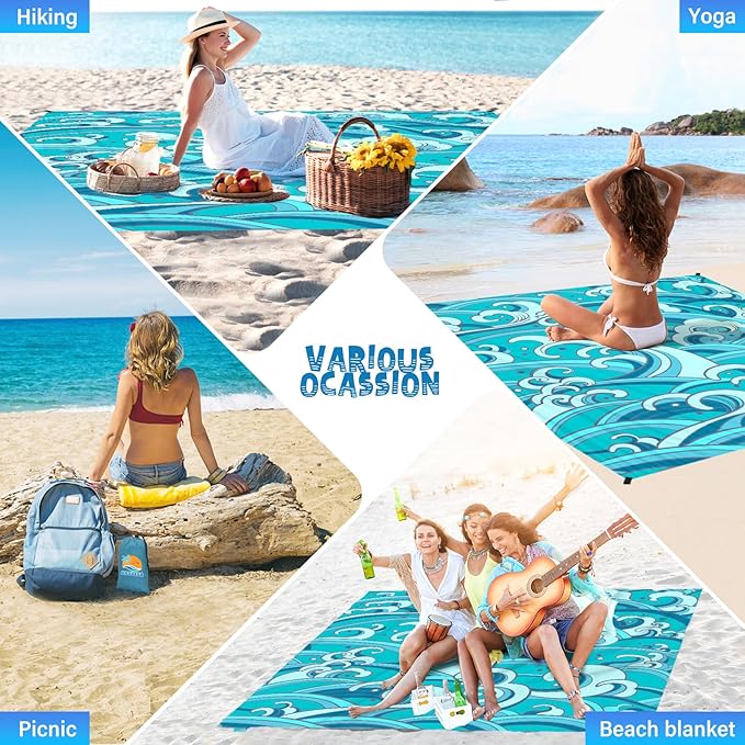 Beach Blanket Waterproof Sandproof 1-7 Adult Oversized 78 '' × 110 '' Lightweight Durable Compact Sand Free Beach Mat for Travel Camping Hiking Picnic Blanket Extra Large