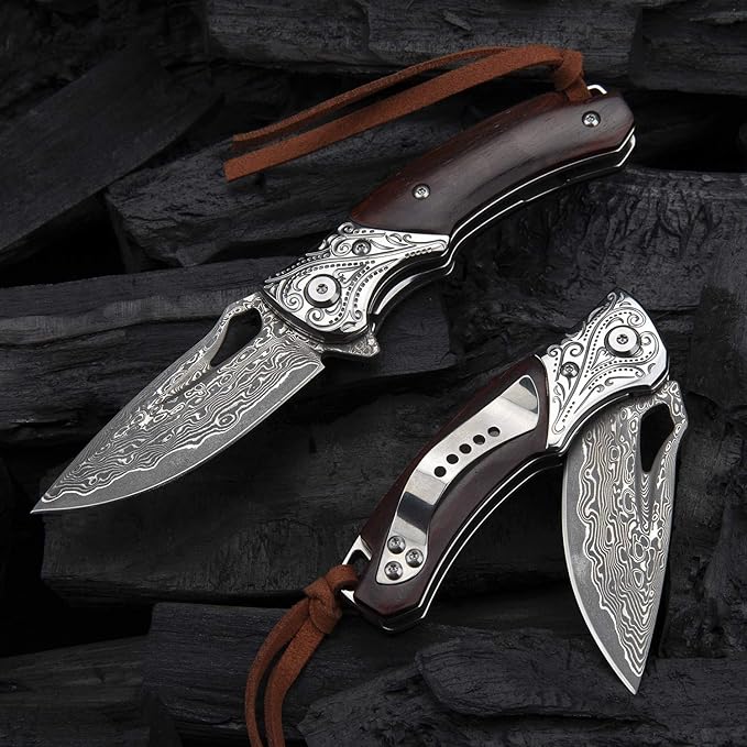 Japanese handmade vg10 damascus steel folding knife with pocket clip,leather sheath,rosewood handle knives for men