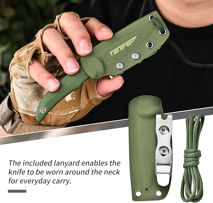 TONIFE Nova 2.68'' Blade Mini Neck Knife Knife Full Tang Fixed Blade Knife with Kydex Sheath and Adjustable Paracord Lanyard for Camping Outdoor Survival Tool (Green+Black Titanium)