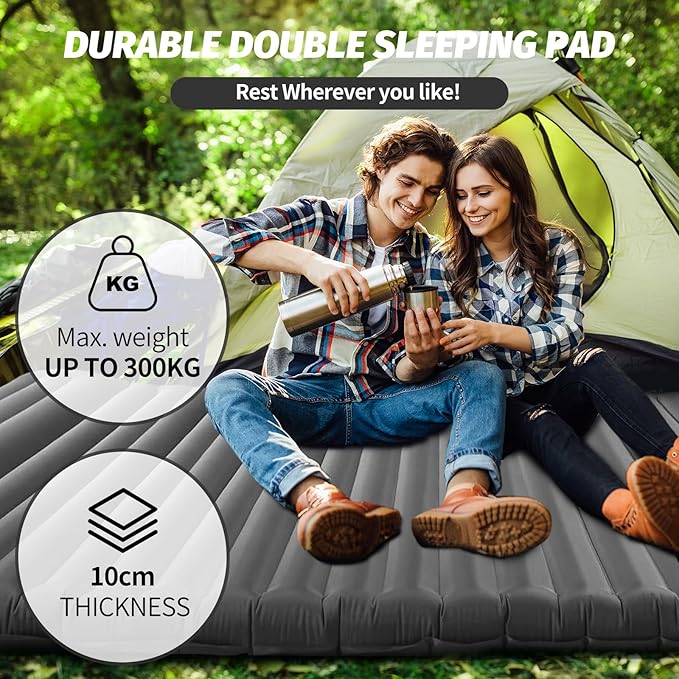 LAMA Double Sleeping Pad for Camping, 2 Persons Self Inflating Camping Mattress for Sleeping, Ultra-Thick 4" Sleeping Mat with Pillow Built-in Pump, Ultralight Camping Mat for Backpacking, Hiking, GY