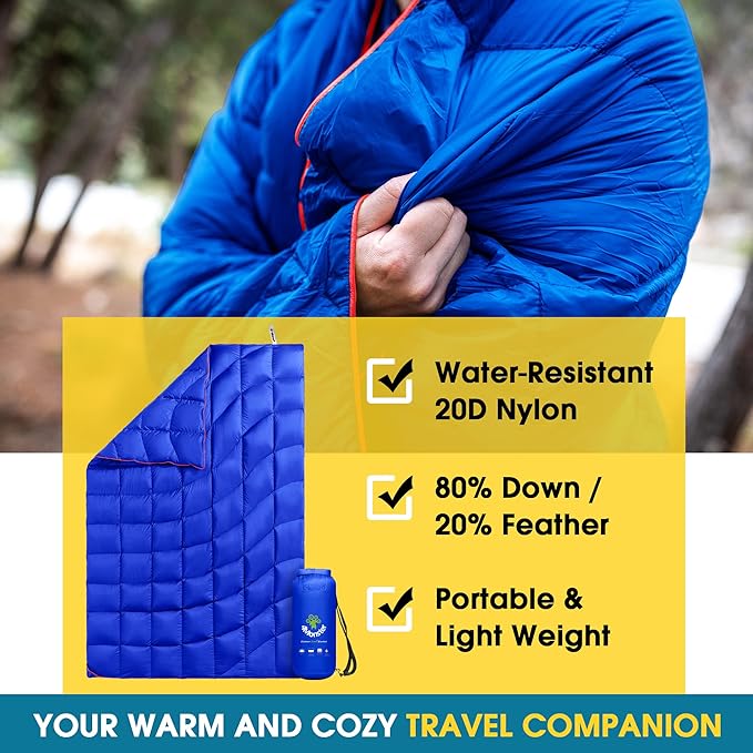4Monster Down Camping Blanket - Outdoor Travel Quilt Puffy 650 Fill, Packable, Lightweight,Wind & Waterproof | Ideal for Stadium, Backpacking,Picnics, Beach and Hiking