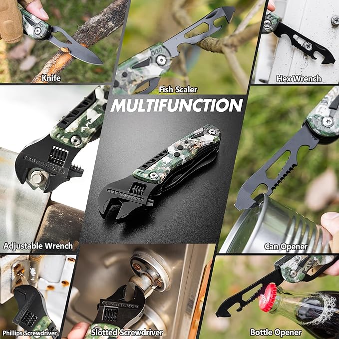 FLISSA 13-in-1 Multi Tool Wrench, Stainless Steel Camo Multitool Adjustable Wrench with LED Light, EDC Pocket Knife with Sheath, Multipurpose Multi Use Tool Wrench