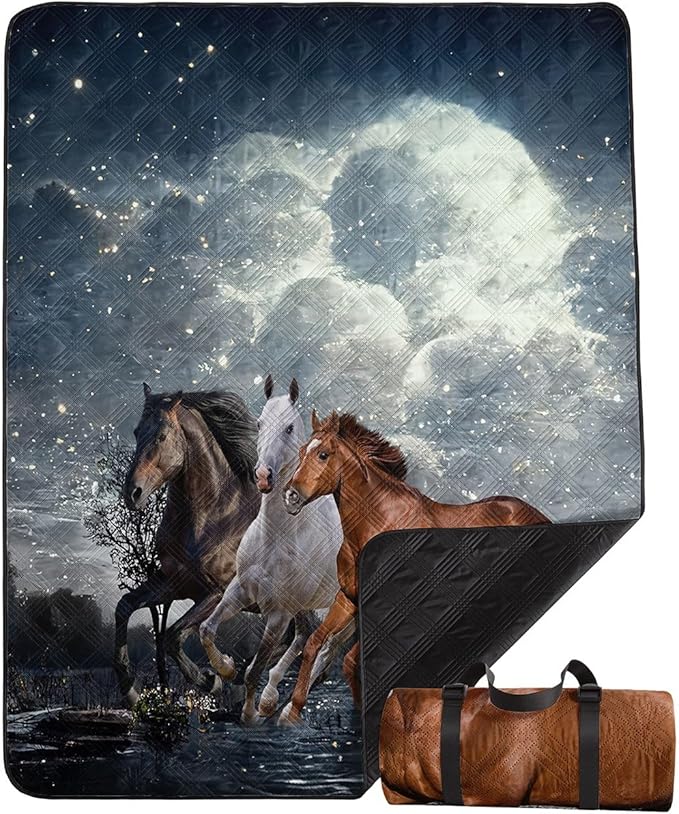 Outdoor Picnic Blanket Portable Ultrasonic Waterproof Picnic Mat 3D Horses Printed Camping Beach Mat for Sand and Wet Grass Hiking (3D Horses L)