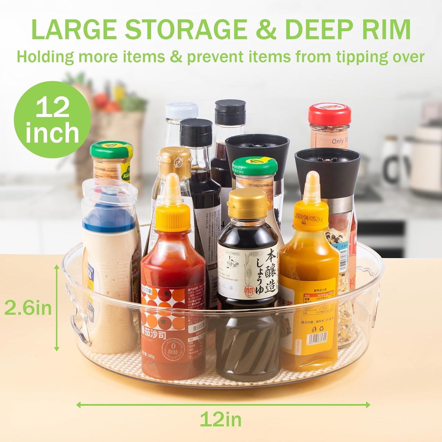 2 Pack Lazy Susan Cabinet Organizer with Handle 12 inch, Clear Spinning Lazy Susan Turntable for Pantry, Kitchen Sink, Corner Cabinet, Bathroom, Countertop, Non-Skid Liners Included, Free Rotating