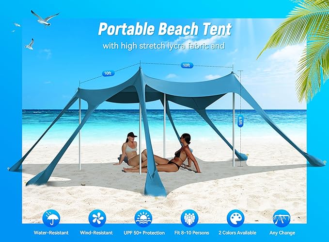 Beach Tent, Camping Sun Shelter UPF50+ with 6 Sandbags, 2 Sand Shovel, 4 Stability Poles, Outdoor Pop UP Beach Canopy for Camping Trips, Fishing, Backyard Fun, Picnics-Navy Blue