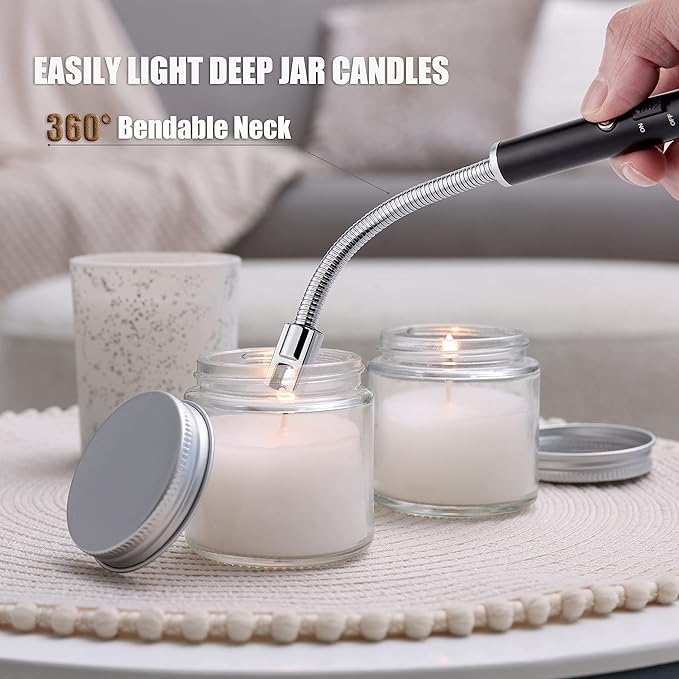 Lighter, Rechargeable Candle Lighter Grill Lighter Electric Arc Lighter with Flexible Neck, LED Battery Display Safety Switch for Candle Camping Cooking BBQs Fireworks (Black)
