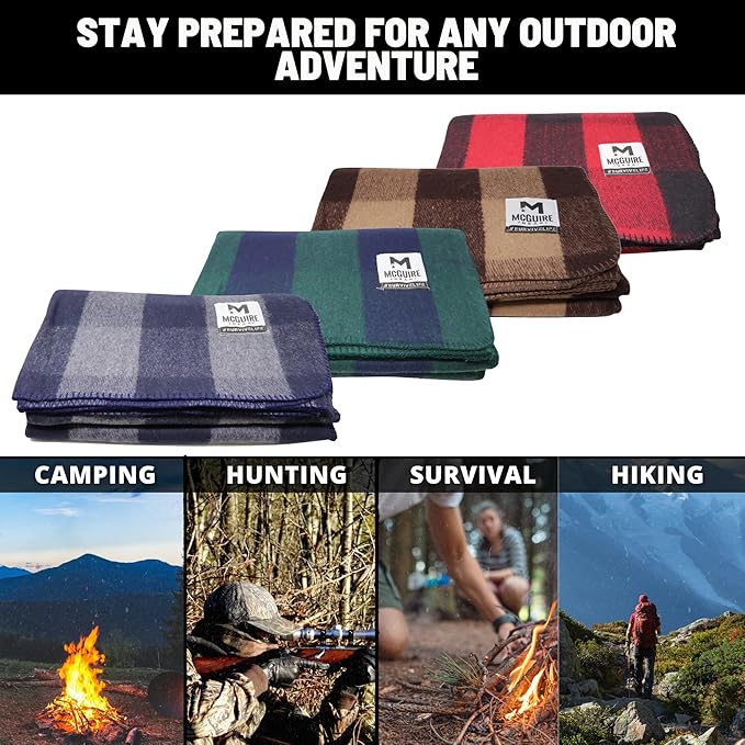 M MCGUIRE GEAR Warm Wool Bunkhouse Plaid Blanket for Camping, Home, Survival, or First Aid, 64" x 90" (Green/Navy)