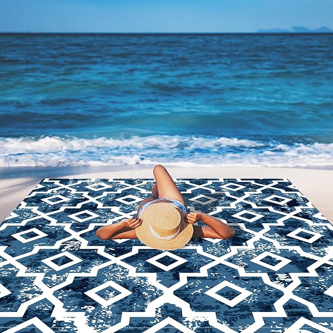 Beach Blanket Sandproof Waterproof, Large 78"×86" Boho Moroccan Beach Mat Fits Up to 4 Adult, Sand Free Quick Dry Outdoor Picnic Blanket with Stakes for Travel, Camping, Hiking