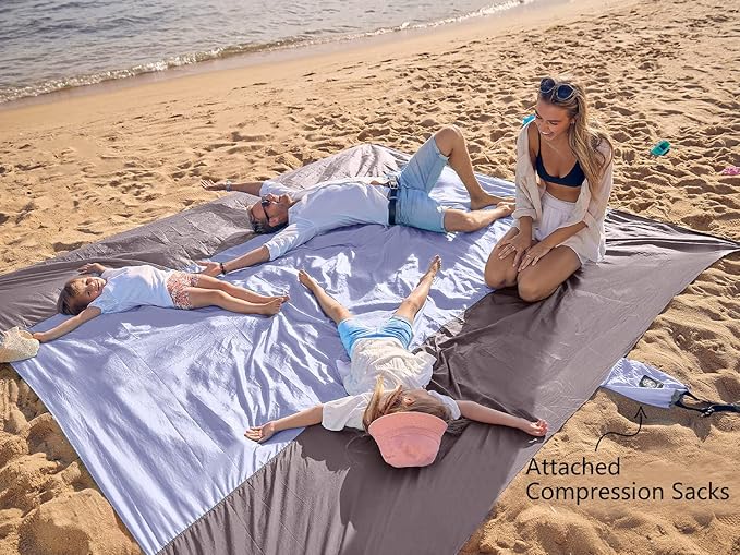 WEKAPO Beach Blanket Sandproof, Extra Large Beach Mat, Big & Compact Sand Free Mat Quick Drying, Lightweight & Durable with 6 Stakes & 4 Corner Pockets