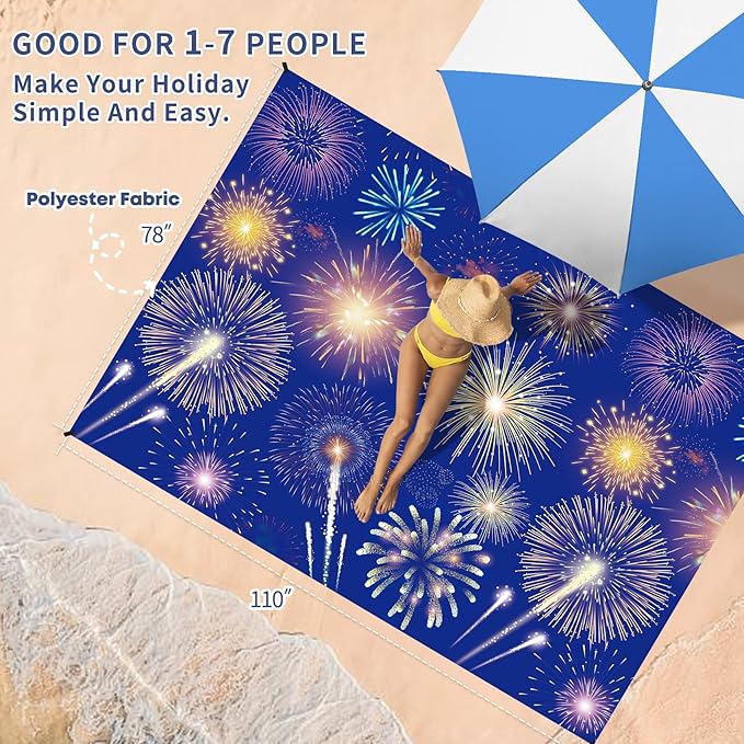 BYDOLL Beach Blanket Sandproof Waterproof Firework 78''×110''1-7 Adults Compact Lightweight Oversized Beach Blanket Large Picnic Mat Beach Blanket for Travel Camping Hiking Picnic