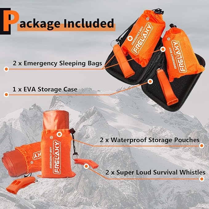 Frelaxy Emergency Sleeping Bag 1-Pack/2-Pack, Extra-Thick Compact Survival Bivy with Whistle, Storage Pouch, and EVA case, Perfect for Survival Kits