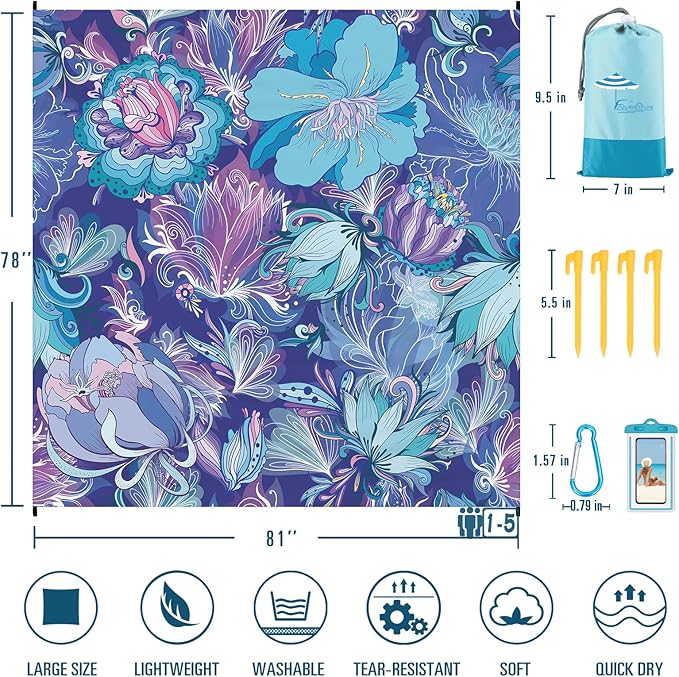 Beach Blanket Sandproof Waterproof 78''×81''1-5Adults Oversized,Compact Lightweight Durable Beach Mat for Travel Camping Hiking Picnic Blanket