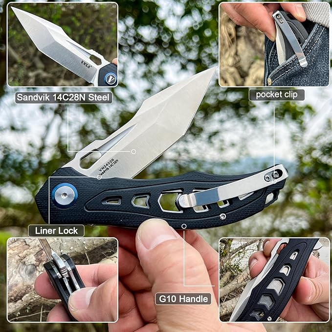 Folding Pocket Knife,3.7" Sandvik 14C28N Steel Tanto Point Blade,G10 Handle,with Clip,EDC Knife, Gifts Pocket Knife for Men Women.