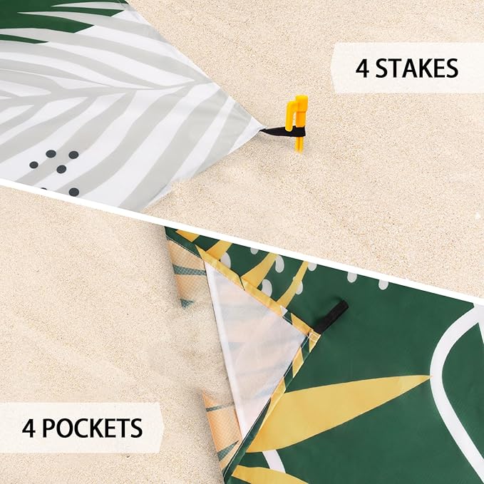 Beach Blanket, Waterproof Sandproof Beach Picnic Blanket with 4 Stakes & 4 Pockets, 78''×86'' Extra Large Compact Lightweight Sand Free Outdoor Mat Essentials for Camping, Travel, Hiking