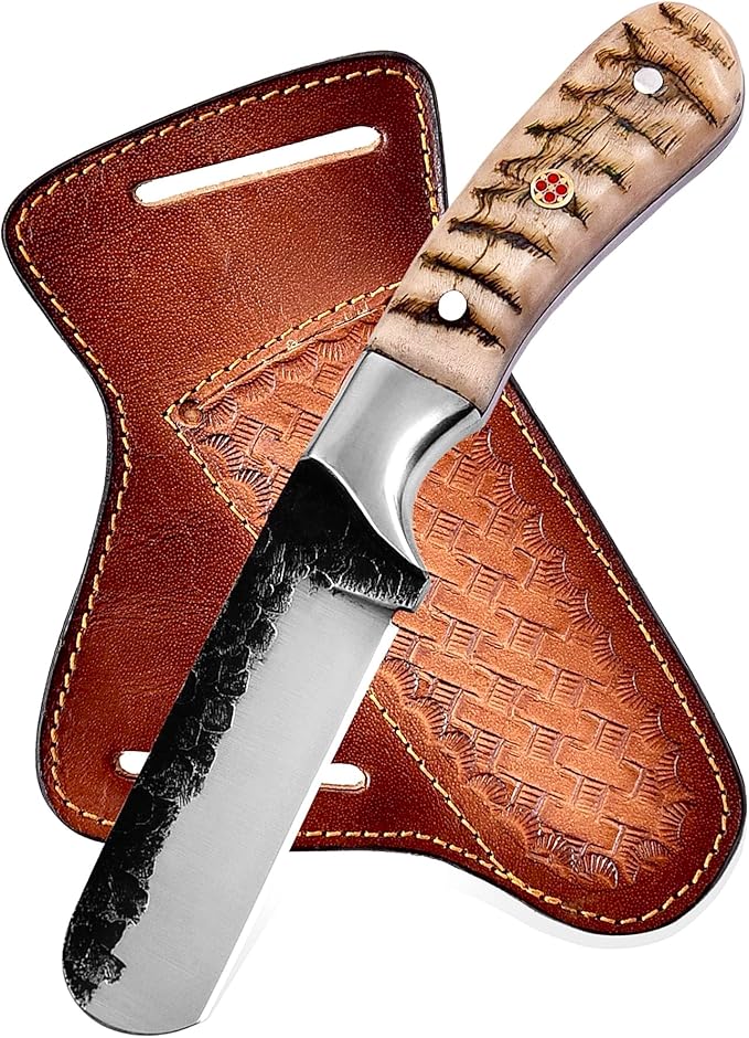 Handmade 1095 High Carbon Steel Bull Cutter Knife with Leather Sheath, Fixed Blade Cowboy Knife with Ram Horn Handle, Utility Knife, EDC Hunting, Outdoor - Camping (Ram Horn)