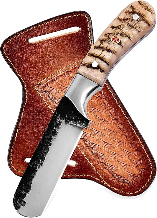 Handmade 1095 High Carbon Steel Bull Cutter Knife with Leather Sheath, Fixed Blade Cowboy Knife with Ram Horn Handle, Utility Knife, EDC Hunting, Outdoor - Camping (Ram Horn)