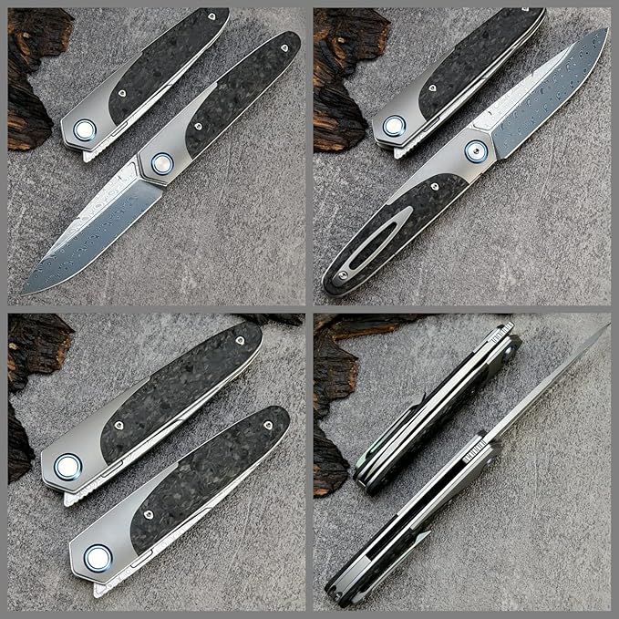 Sitivien ST245 Damascus Steel Folding Knives with Liner Lock, Ball Bearing,Titanium Carbon Fiber Handle EDC Damascus Knife for Men Women(Gray) … …