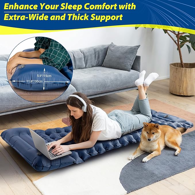 Camping Mattress, Camping Sleeping Pad for Camping, Ultralight Camping Mat with Pillow Built-in Foot Pump Inflatable Sleeping Pads Compact for Camping, Backpacking, Hiking, Traveling, Tent(Blue)