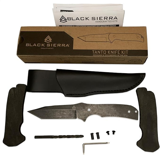 Black Sierra Japanese Tanto Knife Building Kit, Handmade Knife Kit w/Stonewashed Finished Steel Blade and Deluxe Leather Sheath, DIY Fixed Blade Gift for Men, Perfect for Father's Day Gift
