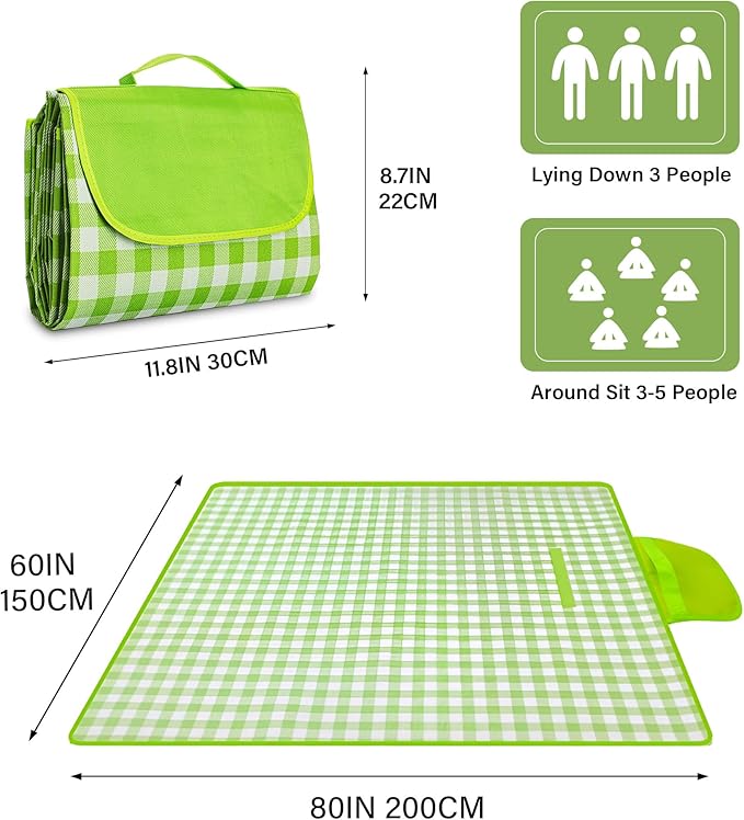 YU FENG Green Picnic Blanket Gingham Foldable Camping Blankets Waterproof Sandproof Outdoor Beach Mat Lightweight Handbag Spring Summer (60x80 inch)
