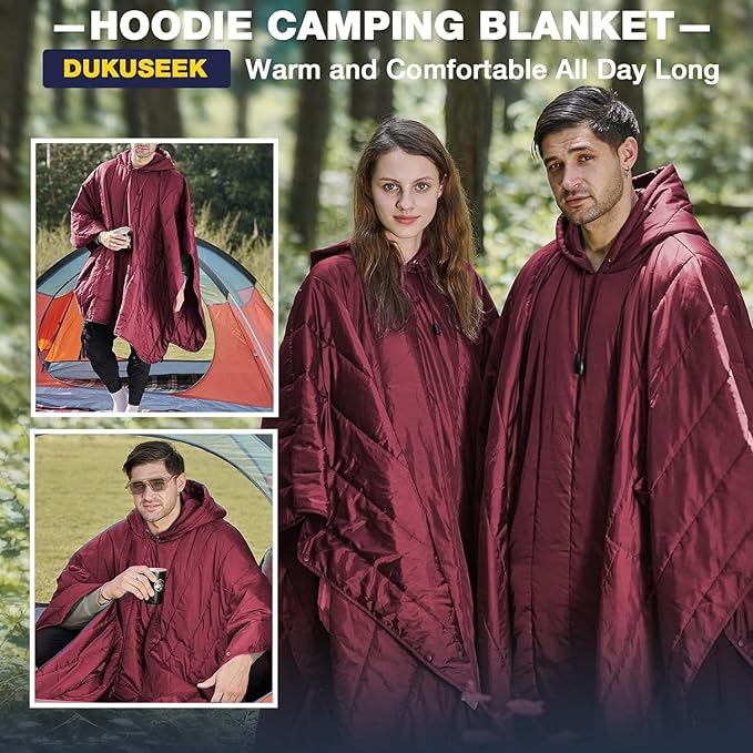 DUKUSEEK Outdoor Wearable Camping Blanket with Hood, Large Packable Backpacking Hooded Stadium Blankets, Lightweight Warm Quilt for Picnic, Hiking, Football, 79"x59", Navy Blue