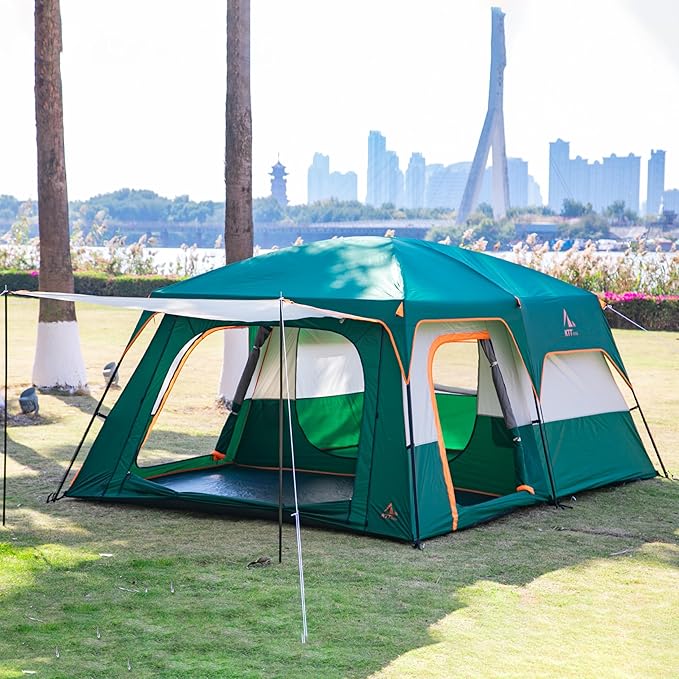 KTT Extra Large Tent 10-12-14 Person(B),Family Cabin Tents,2 Rooms,3 Doors and 3 Windows with Mesh,Straight Wall,Waterproof,Double Layer,Big Tent for Outdoor,Picnic,Camping,Family Gathering