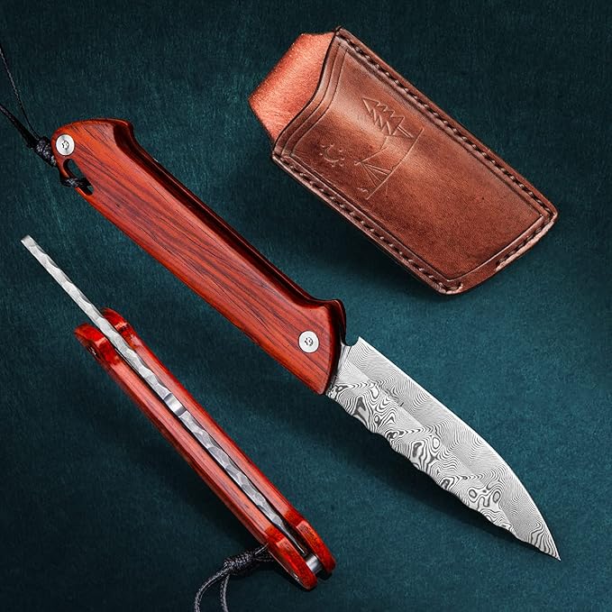 handmade japanese damascus steel blade folding knife tactical pocket knives rosewood handle edc knives with sheath for men