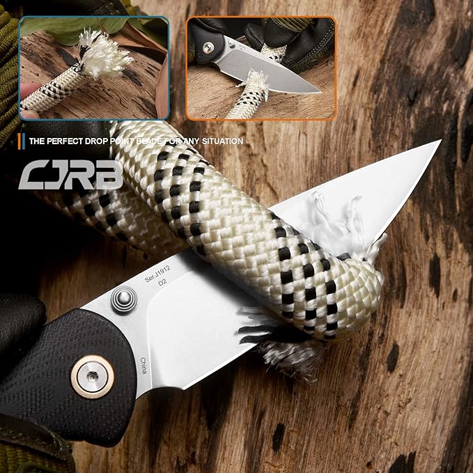 CJRB Folding Knife Feldspar Pocket Folding Knife Stonewash D2 Steel Blade G10 Tactical Handle EDC Knife Black Handle(J1912)