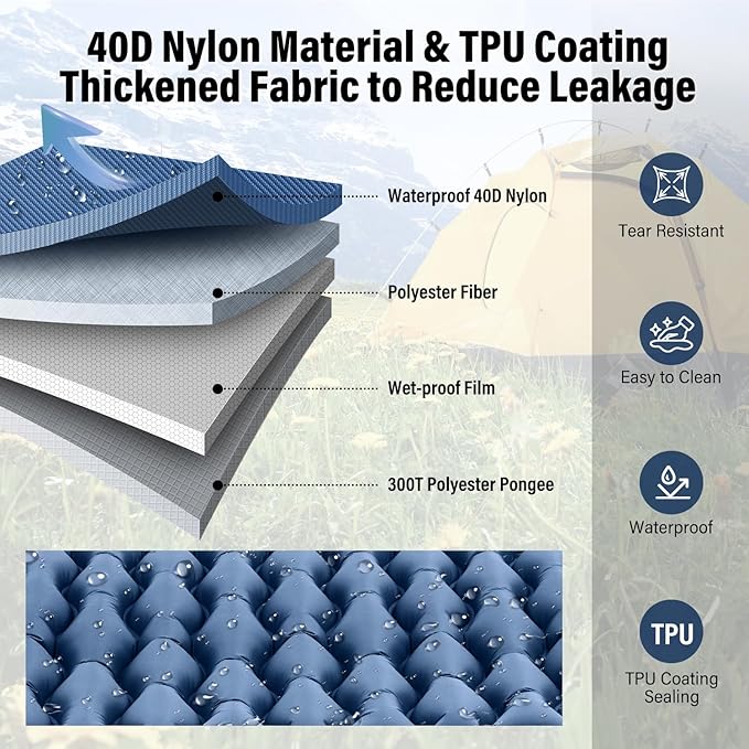 Double Sleeping Pad for Camping, Blue Inflatable Sleeping Mat with Pillow, Ultralight 2 Person Camping Pad with Built-in Foot Pump for Backpacking, Hiking, Tent, Portable Camping Mattress