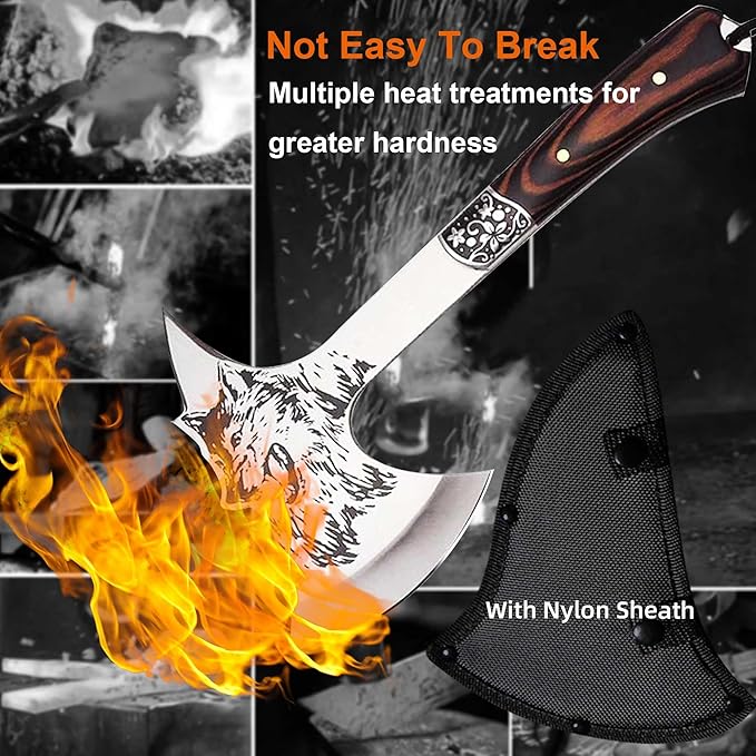 Stainless Steel Camping Hatchet with Sheath, 12.59" Wooden Handle Tactical Hatchet for Outdoor, Hunting, Adventure, Emergency YH22-01