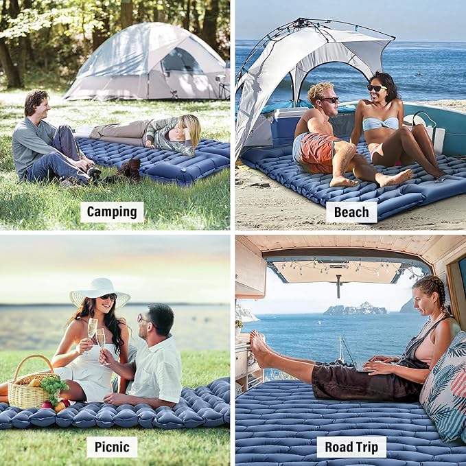 Double Sleeping Pad for Camping, Blue Inflatable Sleeping Mat with Pillow, Ultralight 2 Person Camping Pad with Built-in Foot Pump for Backpacking, Hiking, Tent, Portable Camping Mattress