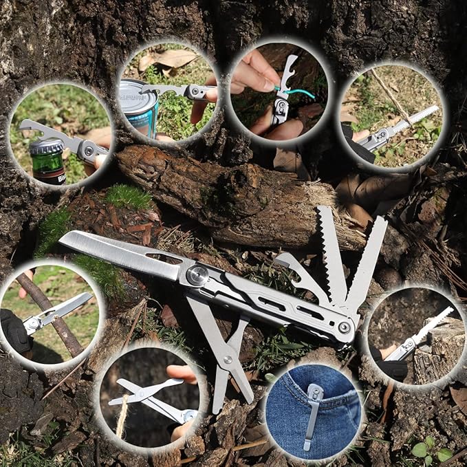 Maerd P3 9in1 Hard Stainless Steel Multitool, Foldable Self-Locking Multi-tool Pocket Knife with Belt clip, First Aid Scissors, Saw, Bottle Opener, Sickle, EDC Multitool Emergency